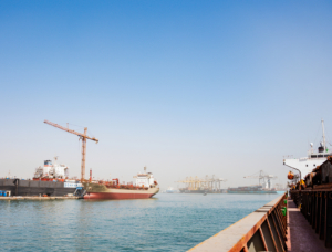 Plusieurs navires de transport et des grues s'activent dans un port industriel sous un ciel bleu dégagé.