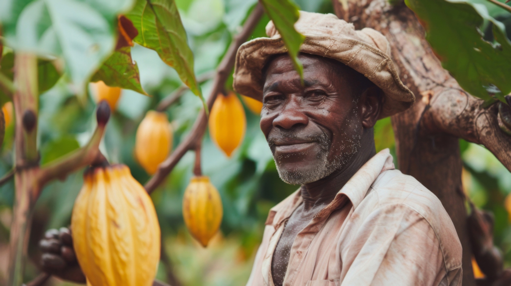 Un agriculteur souriant portant un chapeau se tient dans une plantation de cacao avec des cabosses jaunes.