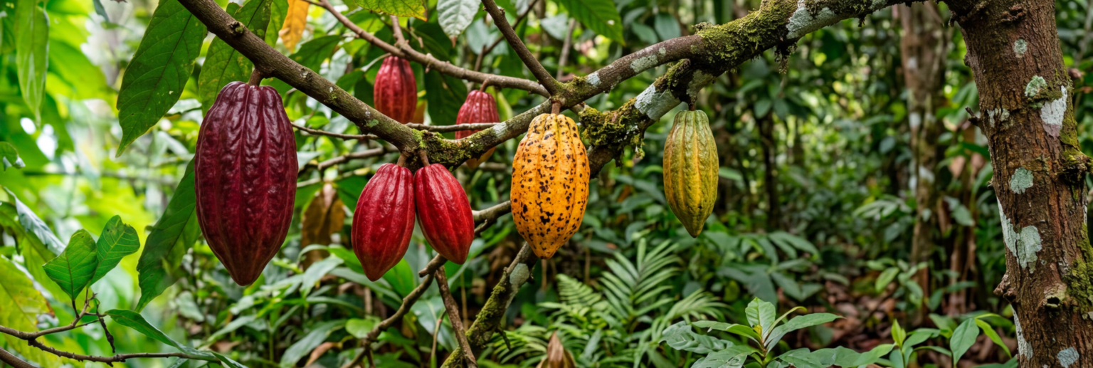 Plusieurs cabosses de cacao de couleurs rouge, jaune et verte pendent d'une branche d'arbre dans une forêt tropicale.