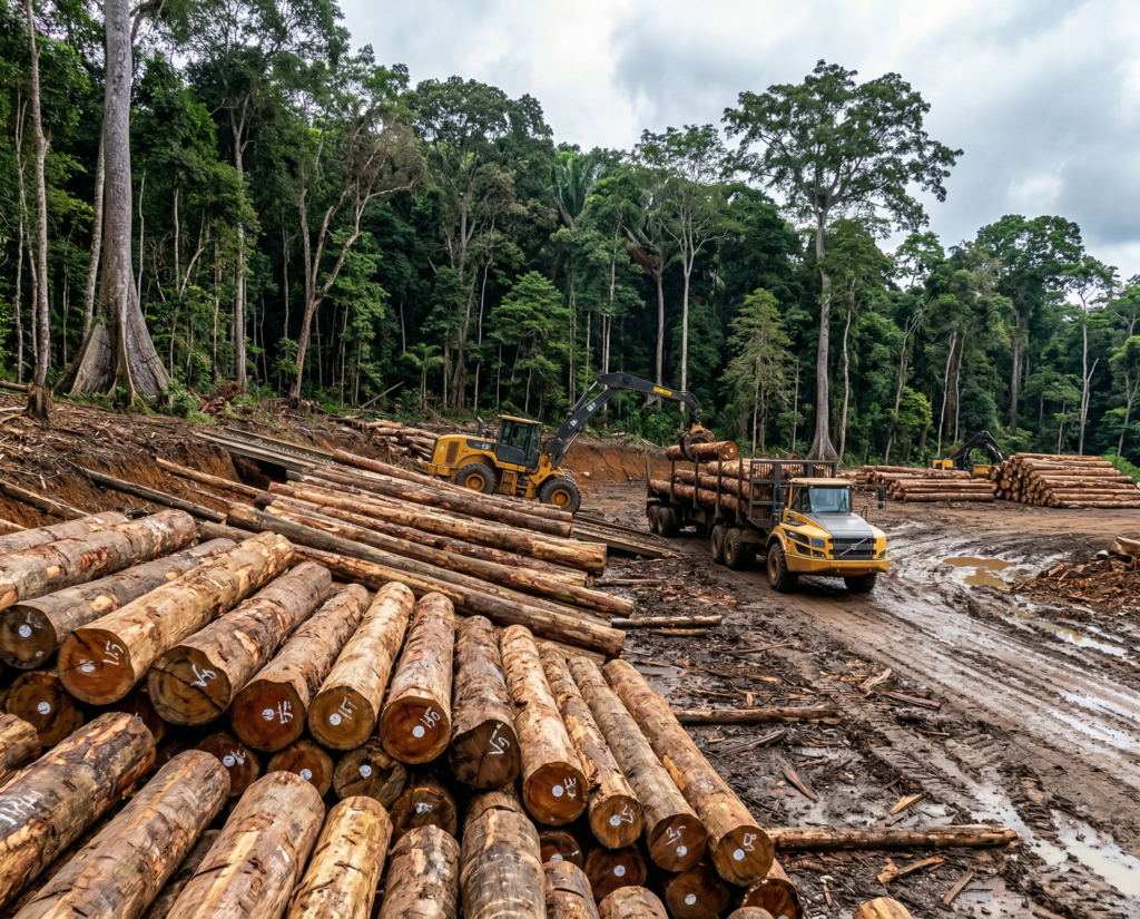 Un engin de chantier charge des troncs d'arbres sur un camion dans une zone de déforestation en pleine jungle.