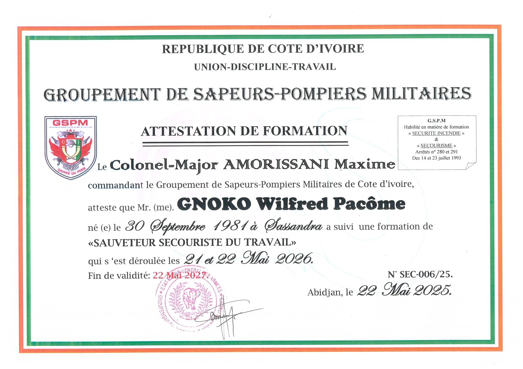 Attestation de formation de sauveteur secouriste du travail délivrée à Wilfred Pacôme Gnoko par le GSPM de Côte d'Ivoire.