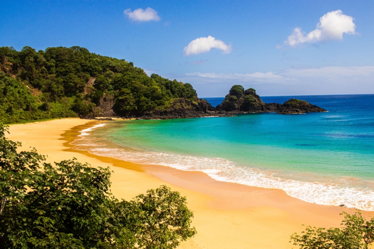 Une plage de sable doré bordée d'une eau turquoise et de collines verdoyantes sous un ciel bleu.