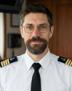 Portrait d'un homme barbu avec des lunettes, portant un uniforme blanc de capitaine de marine avec une cravate noire.