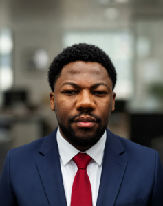 Portrait d'un homme noir en costume bleu marine, chemise blanche et cravate rouge.