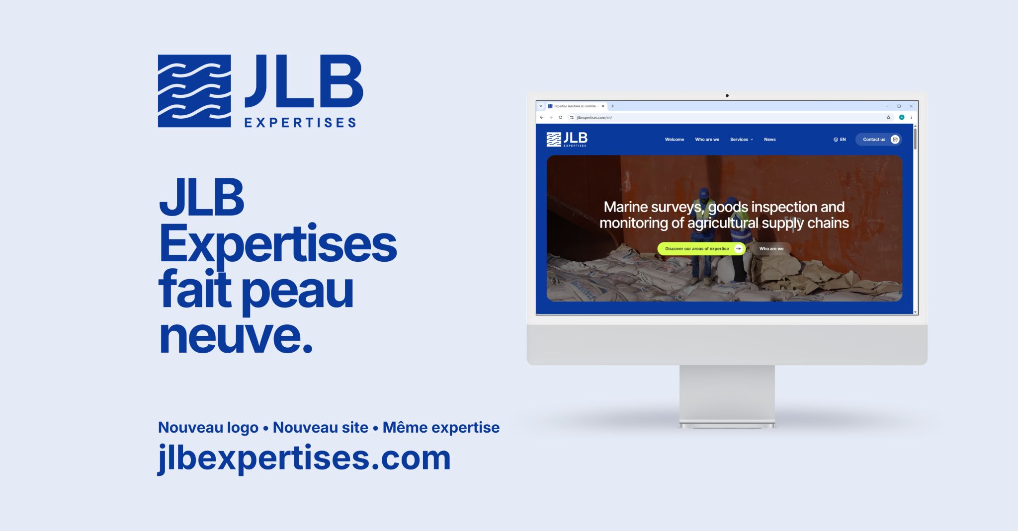 Présentation du nouveau logo et du nouveau site web de JLB Expertises sur un écran d'ordinateur.